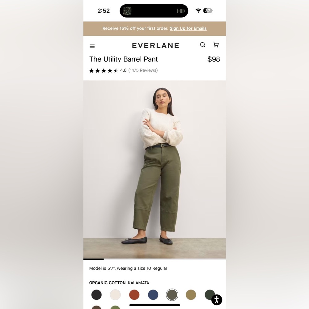 Everlane utility barrel pants (2 pairs, kalmatta and black)